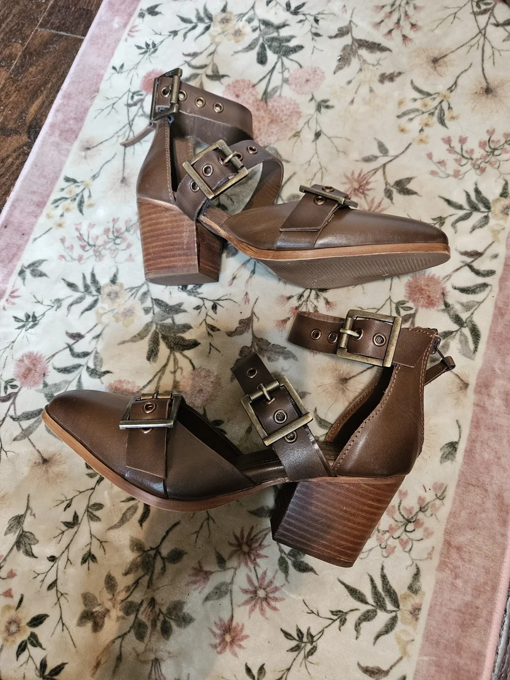 Women’s Brown Buckle Block Heel Ankle Booties
